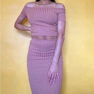 Pink Ribbed Midi Pencil Skirt Set